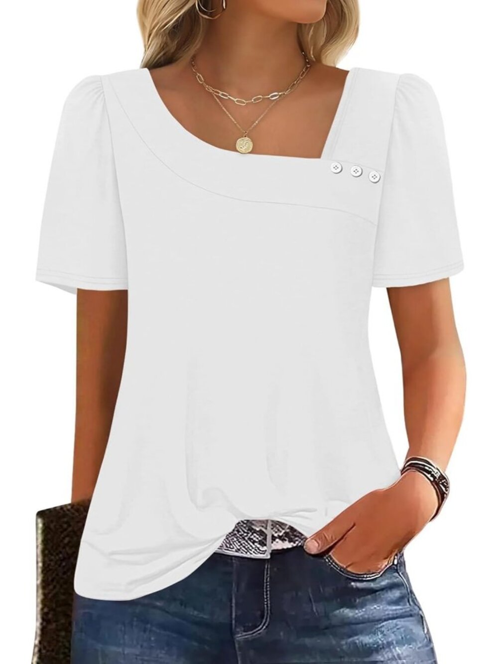 Women's White Square Neck Blouse Summer Casual Short Sleeve Outfit Spring Top